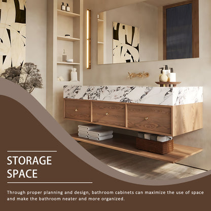 40‘’-60‘’ Wall-Mounted Single Sink Bathroom Vanity with Slate Countertop and Three Drawers (Lamp not included）