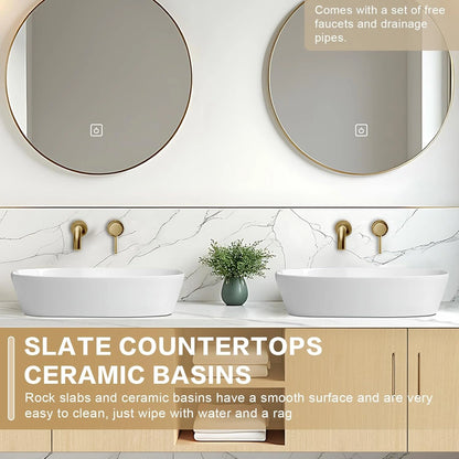 60” - 84” Simple Log Bathroom Vanity with Above Counter Sinks & White Countertop