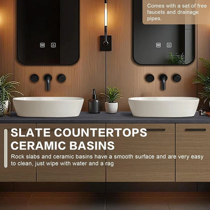 60” - 84” Brown Practical Bathroom Vanity with Black Slate Countertop and Wood Grain Cabinet