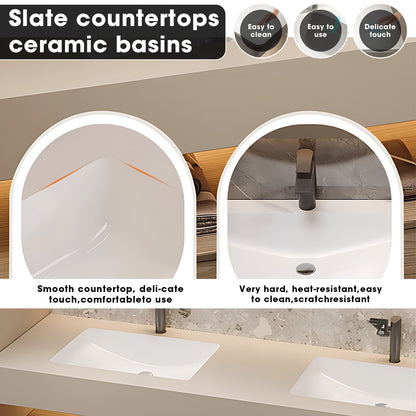 52"- 78" Double Basin Bathroom Vanity Set with 4 Drawers & Open Storage & LED Defogging Mirror Cabinet