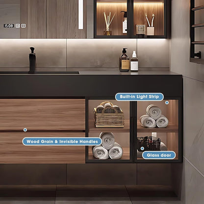 60” Brown Bathroom Vanity IMarble Slate Sink & Additional Side Cabinets