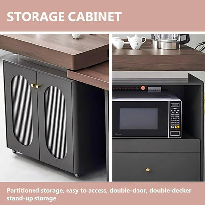 98” Modern Log Kitchen Island Includes Glass Door for 2-6 Person (No Chair)