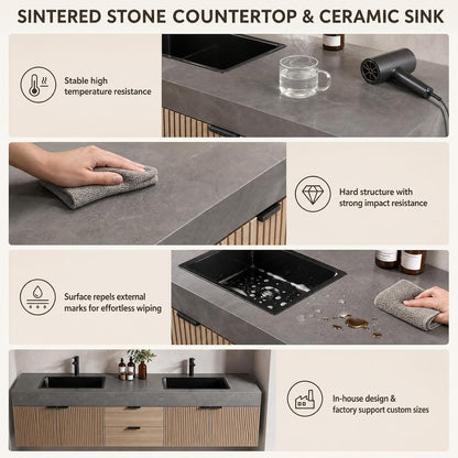 64''-110'' Vintage Bathroom Vanity with Double Sink Includes Grey Sintered Stone