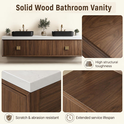 52‘’-110‘’ Floating Bathroom Vanity with Double Sinks Includes Walnut Wood Frame