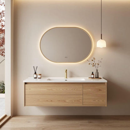 40”-64”Double Sink Floating Vanity with LED Oval Mirror,Light Wood Cabinet