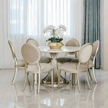 51"Glam Round Dining Table with Marble Top, Silver Trim Base for Formal Dining Room
