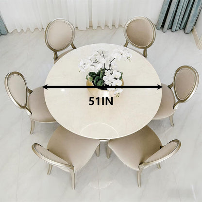 51"Glam Round Dining Table with Marble Top, Silver Trim Base for Formal Dining Room