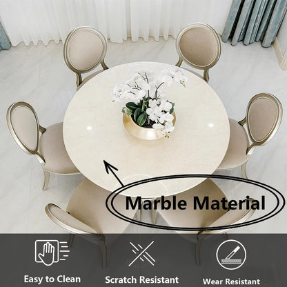 51"Glam Round Dining Table with Marble Top, Silver Trim Base for Formal Dining Room