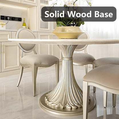 51"Glam Round Dining Table with Marble Top, Silver Trim Base for Formal Dining Room
