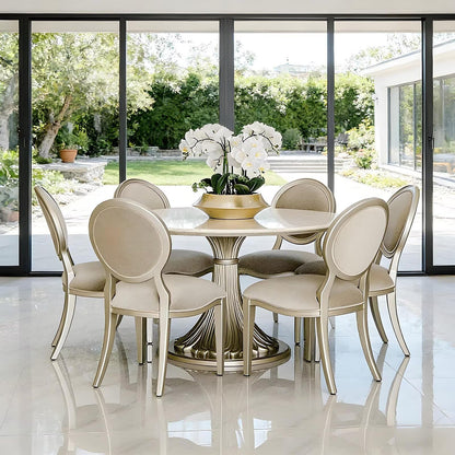 51"Glam Round Dining Table with Marble Top, Silver Trim Base for Formal Dining Room