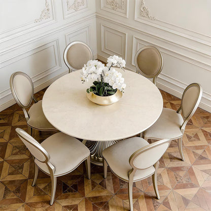 51"Glam Round Dining Table with Marble Top, Silver Trim Base for Formal Dining Room