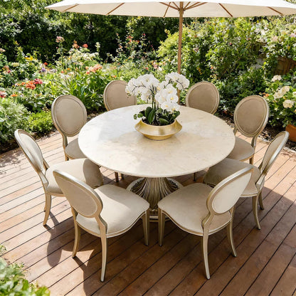 51"Glam Round Dining Table with Marble Top, Silver Trim Base for Formal Dining Room