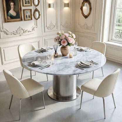 41"-59"Modern Round Dining Table, White Marble Top with Stainless Steel Pedestal Base for 4-6