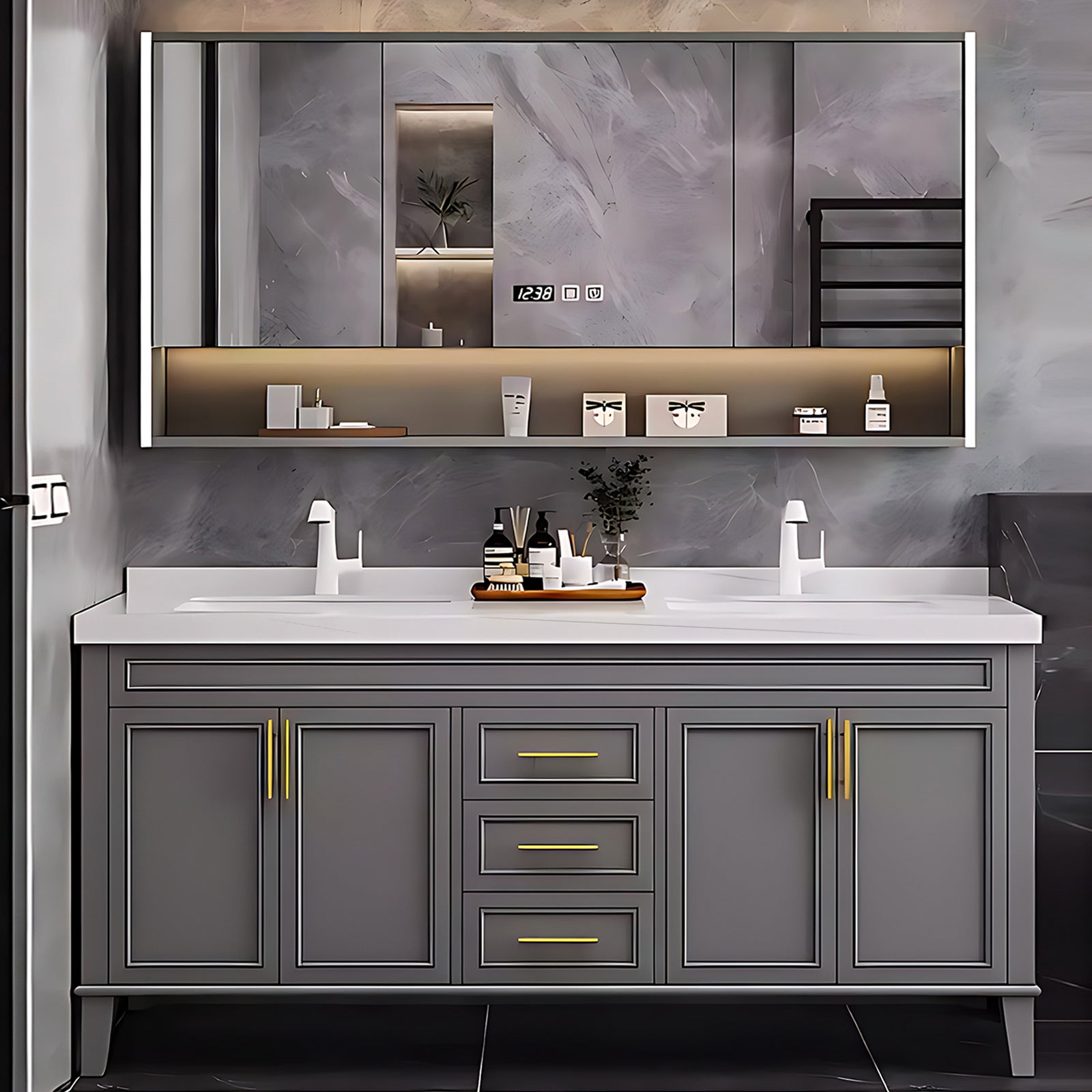 SALE 76" Grey Freestanding Bathroom Vanity Set with Double Sink and Defogging Mirror Cabinet