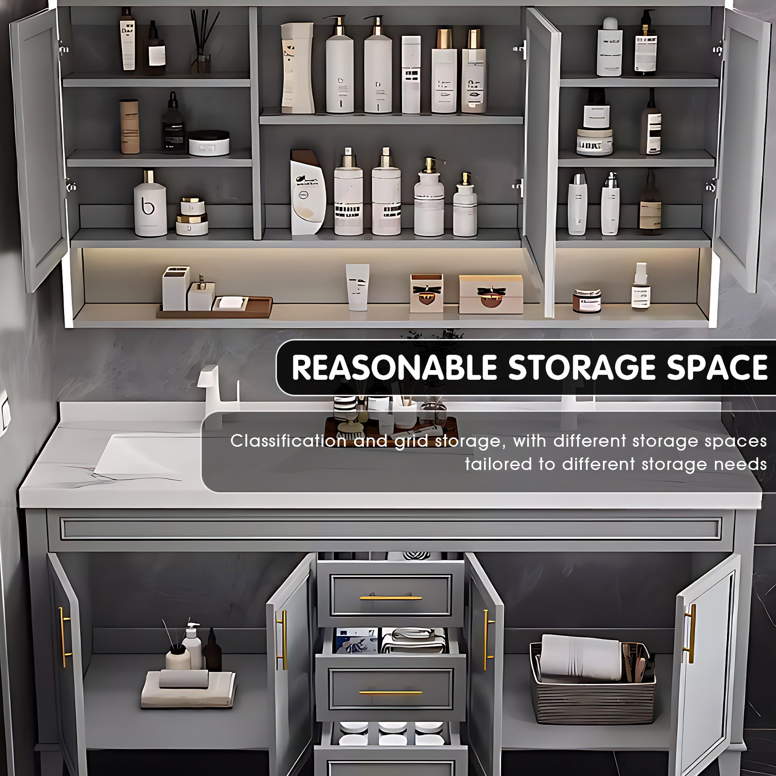 SALE 76" Grey Freestanding Bathroom Vanity Set with Double Sink and Defogging Mirror Cabinet