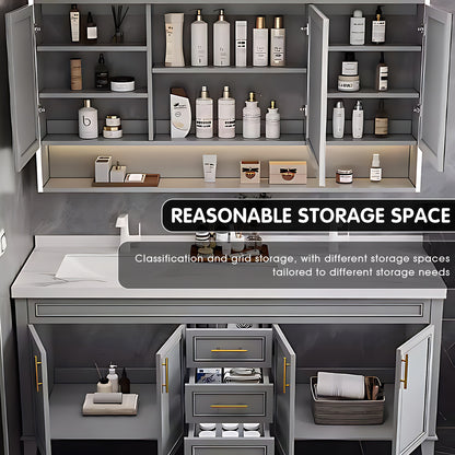SALE 76" Grey Freestanding Bathroom Vanity Set with Double Sink and Defogging Mirror Cabinet