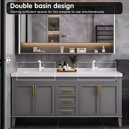 SALE 76" Grey Freestanding Bathroom Vanity Set with Double Sink and Defogging Mirror Cabinet