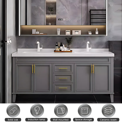 SALE 76" Grey Freestanding Bathroom Vanity Set with Double Sink and Defogging Mirror Cabinet