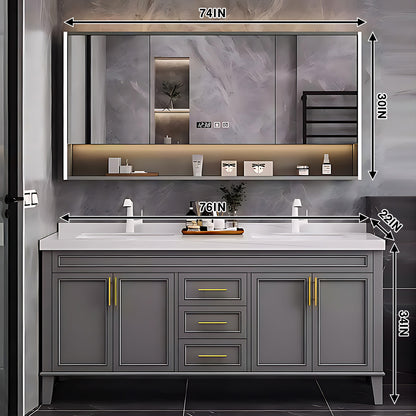 SALE 76" Grey Freestanding Bathroom Vanity Set with Double Sink and Defogging Mirror Cabinet