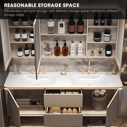 52"- 78" Wall Mount Bathroom Vanity Set with Led Mirror Cabinet and Double Basin