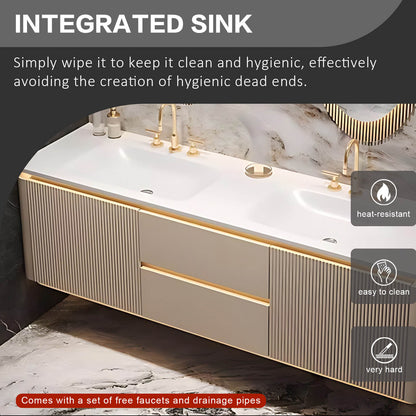 52"- 78" Wall Mount Bathroom Vanity Set with Led Mirror Cabinet and Double Basin