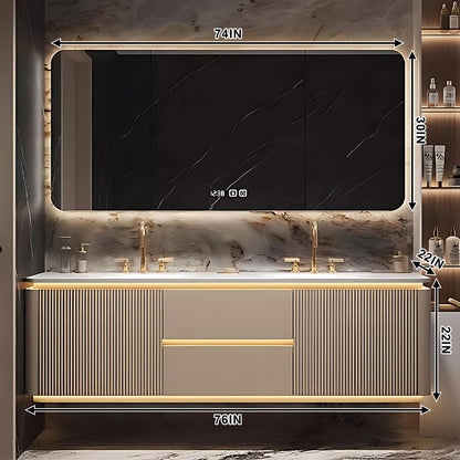52"- 78" Wall Mount Bathroom Vanity Set with Led Mirror Cabinet and Double Basin