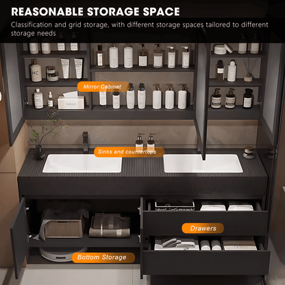 52"- 78" Wall Mounted Bathroom Vanity with Double Sink and  Smart Mirror Cabinet