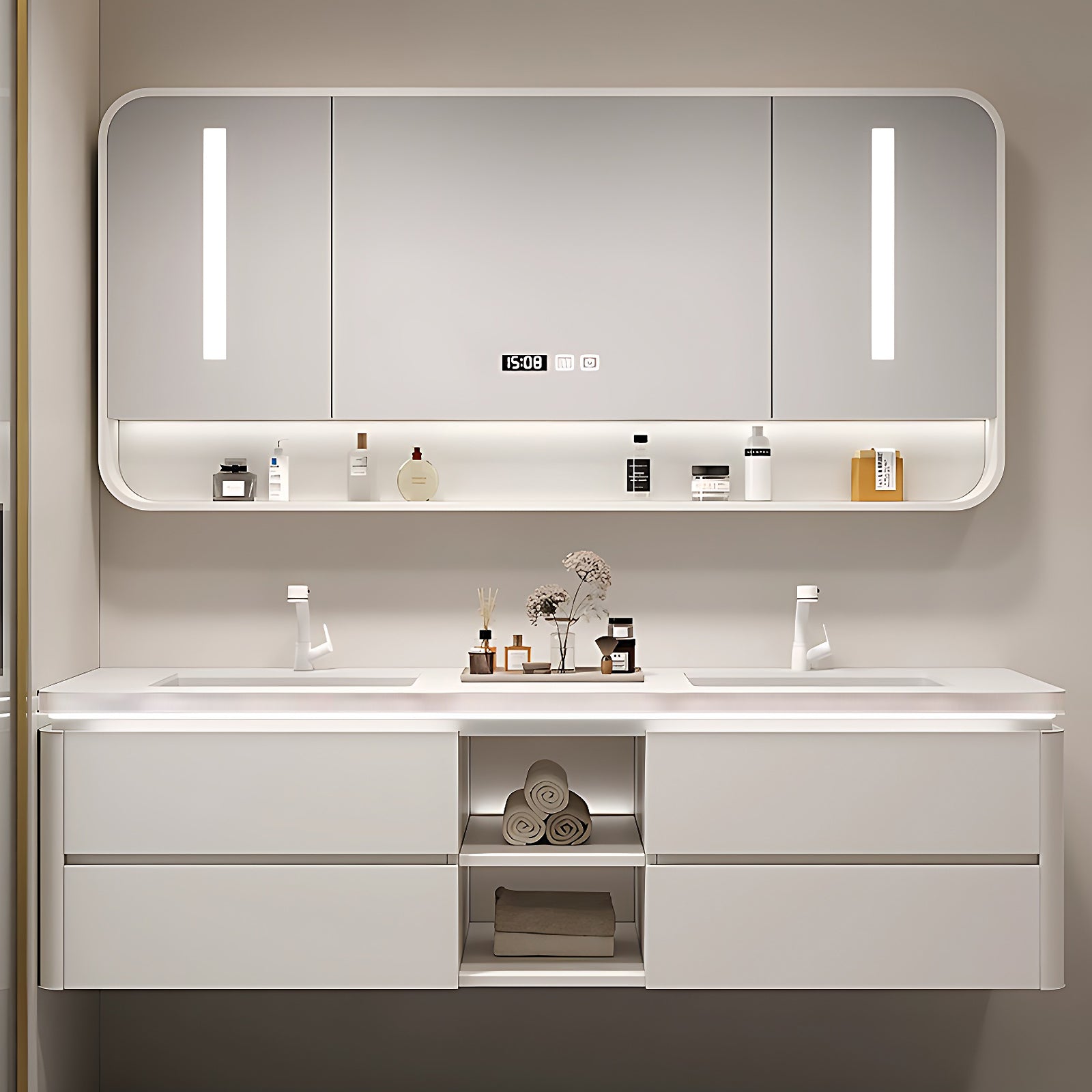 52"- 78" White Double Basin Floating Bathroom Vanity Set with Mirror Cabinet