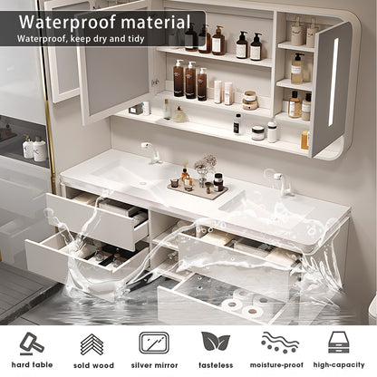 52"- 78" White Double Basin Floating Bathroom Vanity Set with Mirror Cabinet