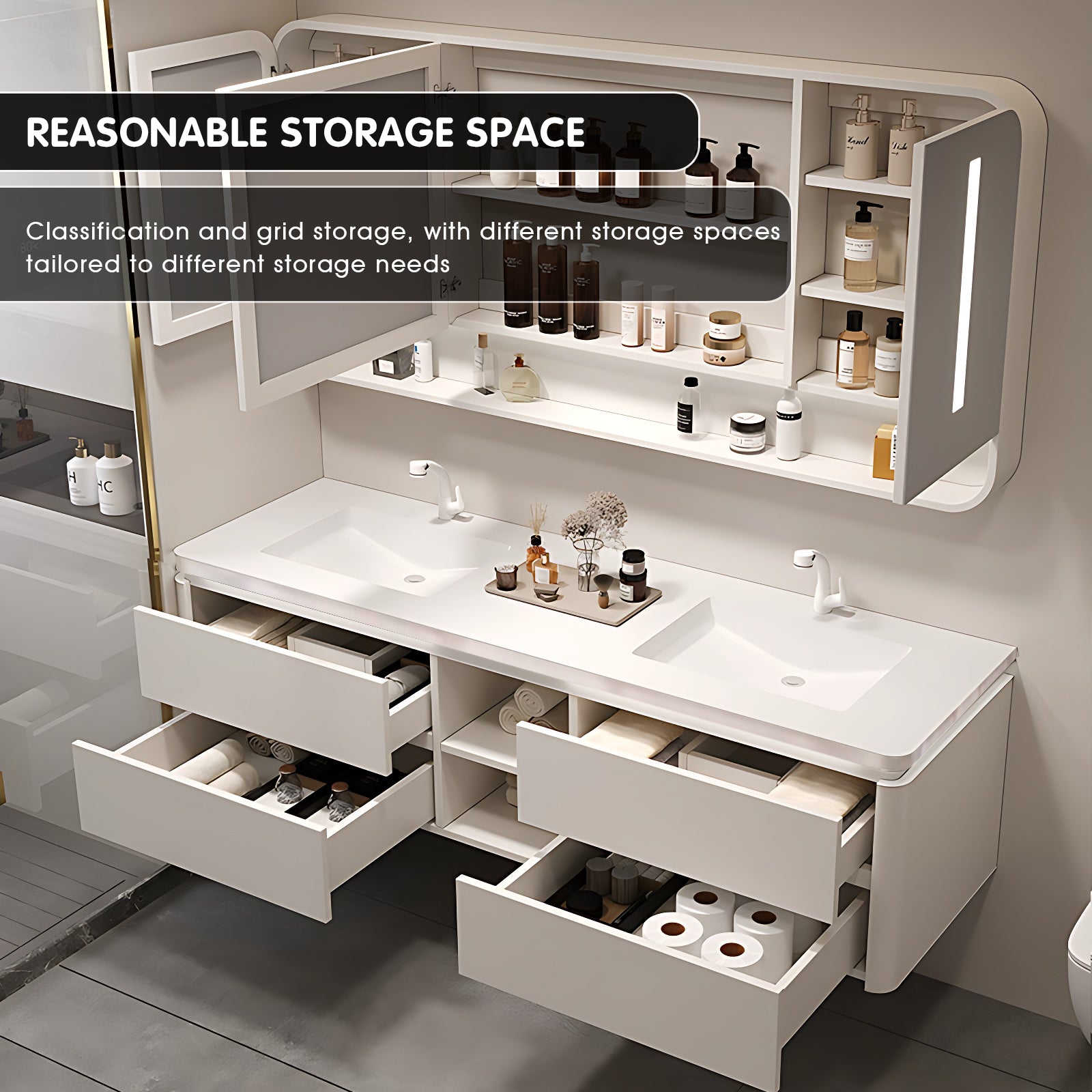 52"- 78" White Double Basin Floating Bathroom Vanity Set with Mirror Cabinet