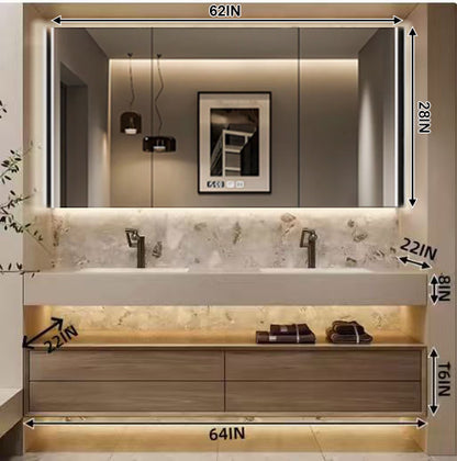 52"- 78" Double Basin Bathroom Vanity Set with 4 Drawers & Open Storage & LED Defogging Mirror Cabinet
