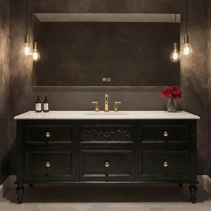 40”-64”Single Sink Freestanding Bathroom Vanity, Black Carved Cabinet with Gold Hardware