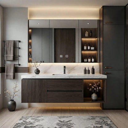 40”-64”Single Sink Floating Bathroom Vanity with LED Mirror Cabinet, Dark Walnut Wood Cabinet