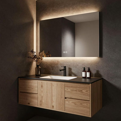 40”-64”Wall Mounted Bathroom Vanity with LED Mirror, Wood Floating Cabinet with Ceramic Sink, Modern Storage Set, Natural