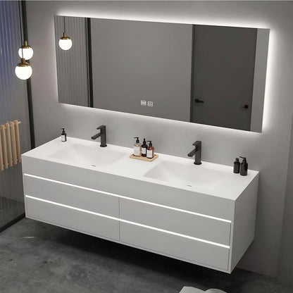 40”-64” Double Sink Floating Bathroom Vanity with LED Backlit Mirror, Wall Mounted White Vanity with Storage Drawers