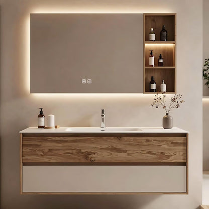 40”-64”Floating Bathroom Vanity with LED Backlit Mirror & Open Shelf, Walnut Wood Wall Mounted Vanity with White Top