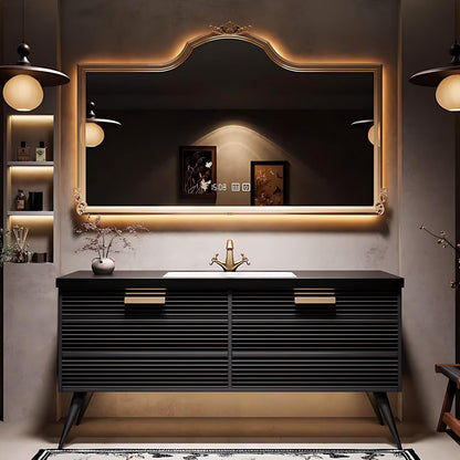40”-64”Single Sink Freestanding Bathroom Vanity with Ornate LED Mirror, Black Fluted Cabinet