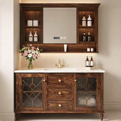 40”-64”Vintage Bathroom Vanity with LED Smart Mirror, Walnut Wood Vanity with Marble Top, Glass Doors & Gold Hardware, Farmhouse Cabinet