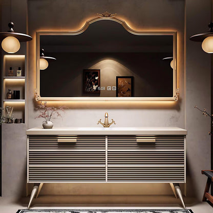 40”-64”Single Sink Freestanding Bathroom Vanity with Ornate LED Mirror, White Fluted Cabinet