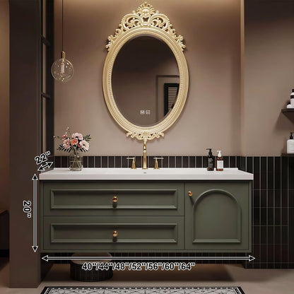 40”-64”Floating Bathroom Vanity with Ornate Gold Oval LED Mirror, Olive Green Vanity with White Top & Gold Hardware