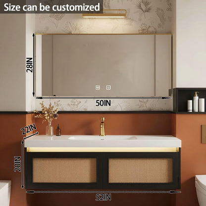 32"-64"Mid-Century Modern Bathroom Vanity with Woven Cane Front & Smart LED Mirror