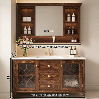 40”-64”Vintage Bathroom Vanity with LED Smart Mirror, Walnut Wood Vanity with Marble Top, Glass Doors & Gold Hardware, Farmhouse Cabinet