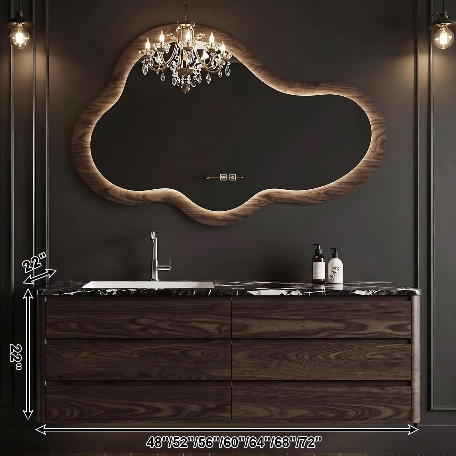 48”-72”Irregular Cloud LED Mirror with Wood Frame, Wall Mounted Lighted Vanity Mirror for Bathroom, Dimmable