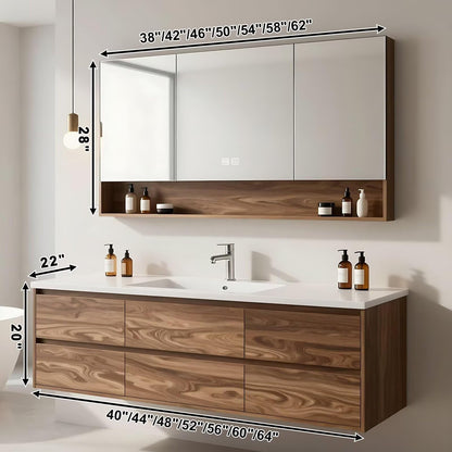 40”-64”Floating Bathroom Vanity with LED Mirror Cabinet, Wall Mounted Walnut Wood Vanity with Storage Drawers & Open Shelf