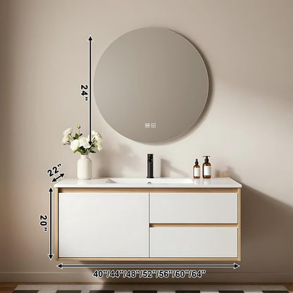 40”-64”Floating Bathroom Vanity with Round LED Defog Mirror, Wall Mounted White & Wood Vanity with Storage Drawers, Modern Cabinet