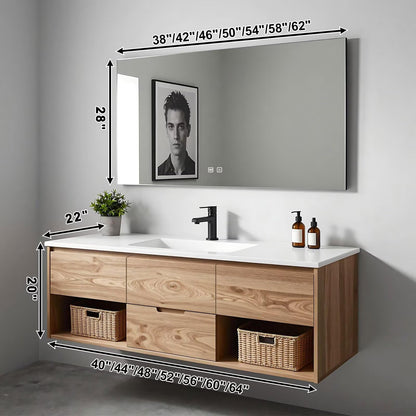 40”-64”Floating Bathroom Vanity with Sink & LED Defog Mirror, Wall Mounted Oak Wood Vanity with Storage Drawers, Modern Bathroom Cabinet