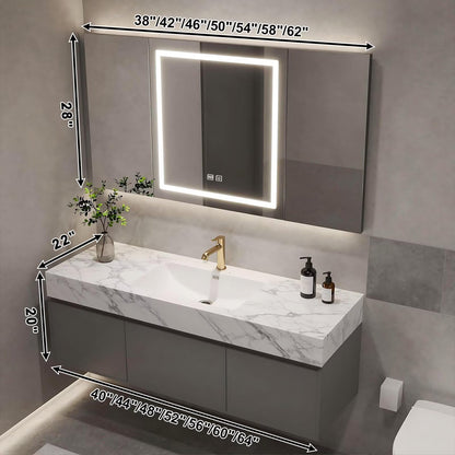 40”-64”Floating Bathroom Vanity with LED Smart Mirror Cabinet, Wall Mounted Gray Vanity with Marble Top & Storage