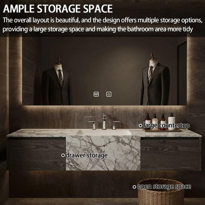 52”-72”Single Sink Floating Bathroom Vanity with LED Backlit Mirror, Dark Marble & Wood Cabinet