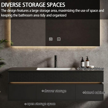 52"-64"Modern Industrial Bathroom Vanity with Matte Black Finish & Backlit Mirror Cabinet