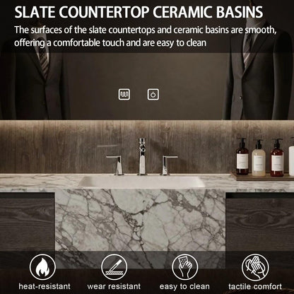 52”-72”Single Sink Floating Bathroom Vanity with LED Backlit Mirror, Dark Marble & Wood Cabinet